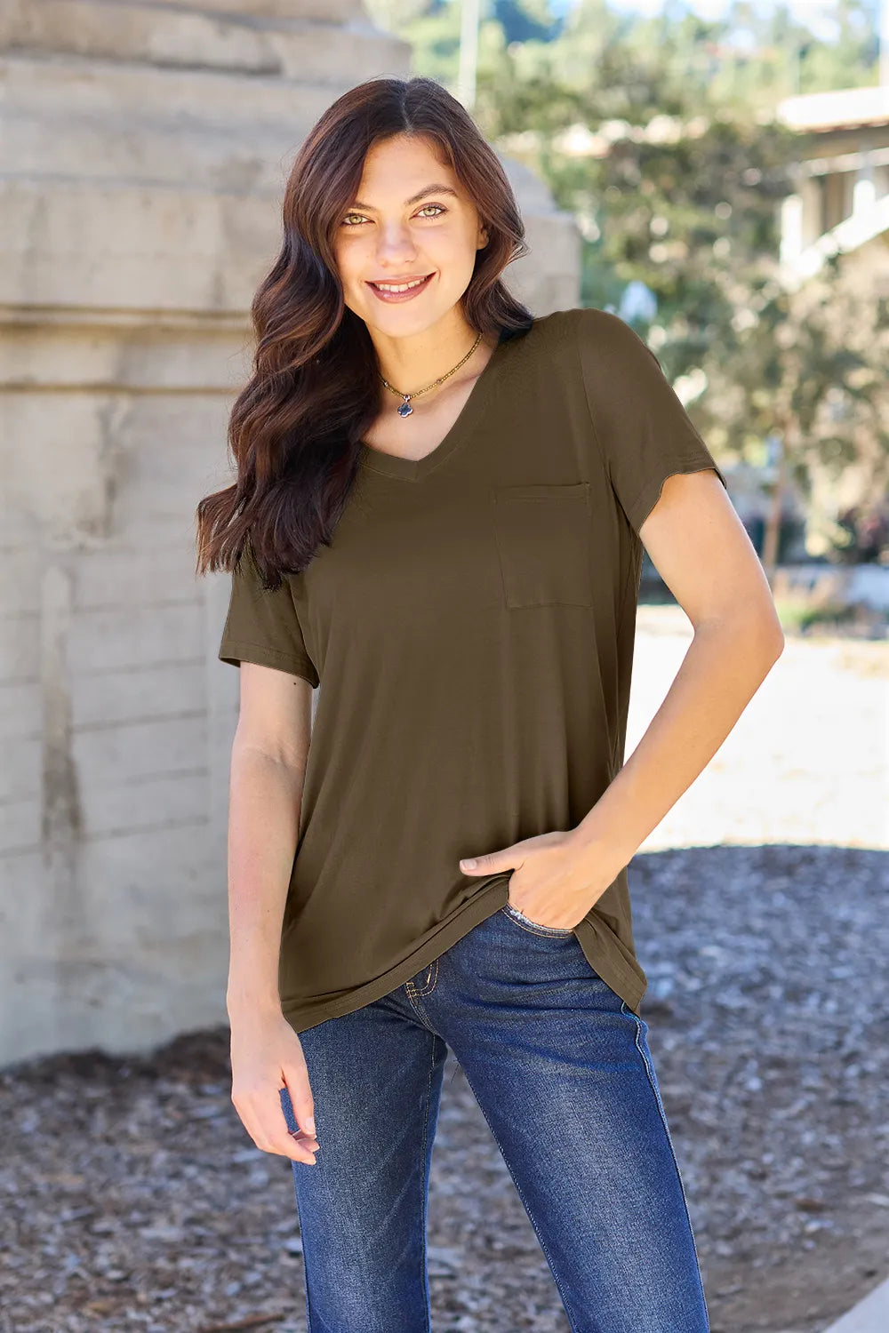 Basic Bae Full Size V-Neck Short Sleeve T-Shirt Mocha