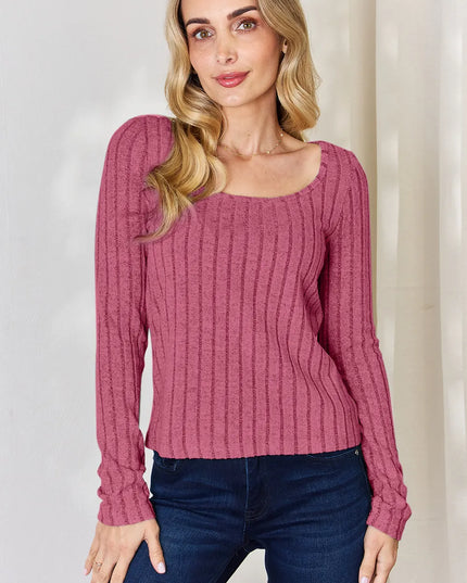 Basic Bae Full Size Ribbed Long Sleeve T-Shirt Hot Pink