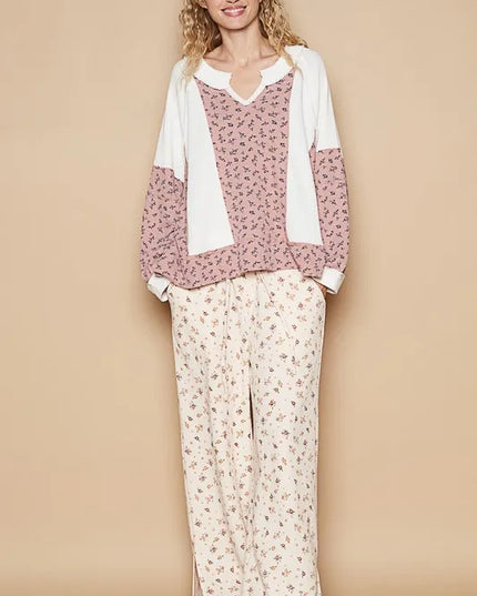 POL Waffle Knit Floral Notched Long Sleeve Top