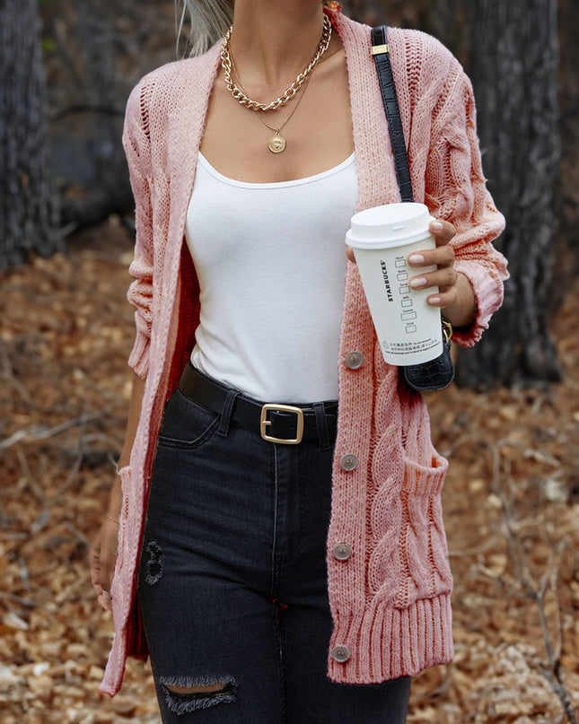 Cable-Knit Button Down Cardigan Carnation Pink