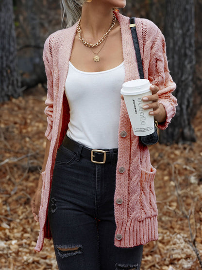 Cable-Knit Button Down Cardigan Carnation Pink