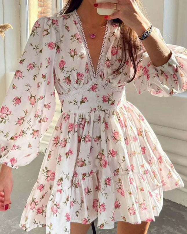 Full Size Floral V-Neck Long Sleeve Mini Dress Plus Size White
