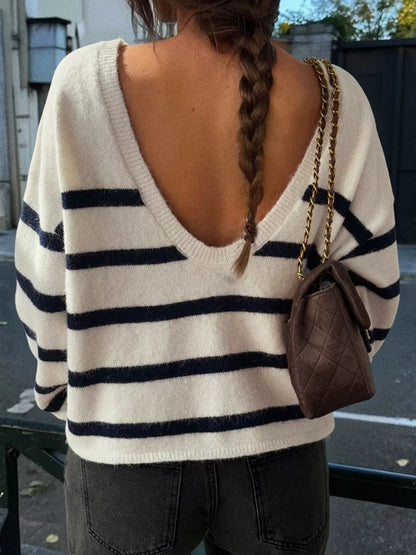 Striped Round Neck Long Sleeve Knit Top