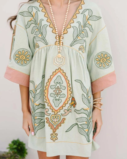Printed V-Neck Kimono Sleeve Mini Dress