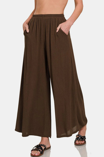 Zenana Woven Wide Leg Pants With Pockets BROWN