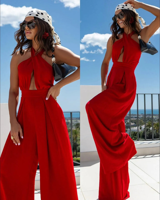 Wide Leg Cutout Halter Neck Jumpsuit 