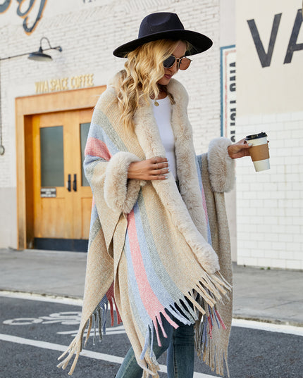 Color Block Fringe Detail Poncho