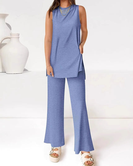 Round Neck Tank and Pants Set Light Blue