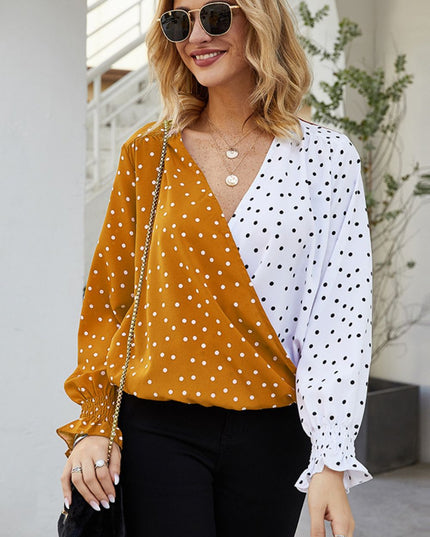 Ivy Lane Polka Dot Surplice Neck Lantern Sleeve Blouse 