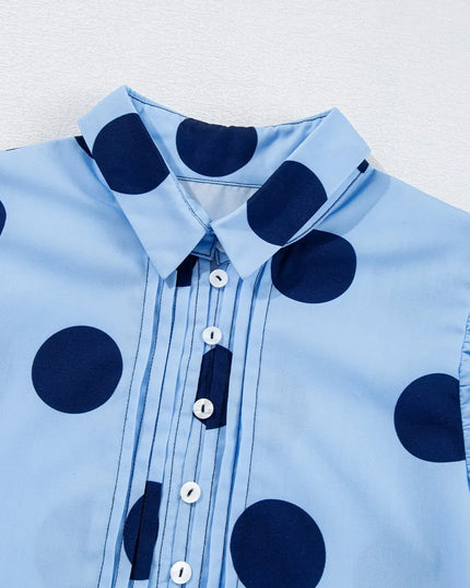 Polka Dot Print Ruffled Short Sleeve Buttoned Collared Blouse