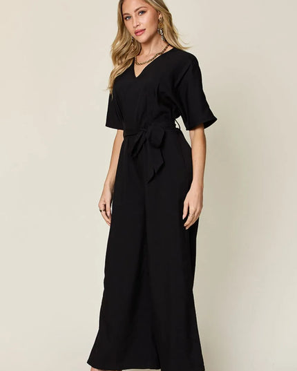 Double Take Full Size V-Neck Tied Side Slit Jumpsuit