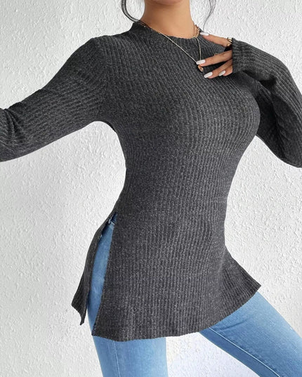 Slit Round Neck Long Sleeve T-Shirt
