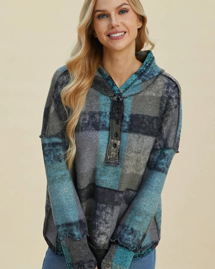 Double Take Full Size Plaid Dropped Shoulder Fleece Hoodie