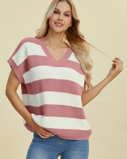 Double Take Full Size Striped V-Neck Short Sleeve Sweater