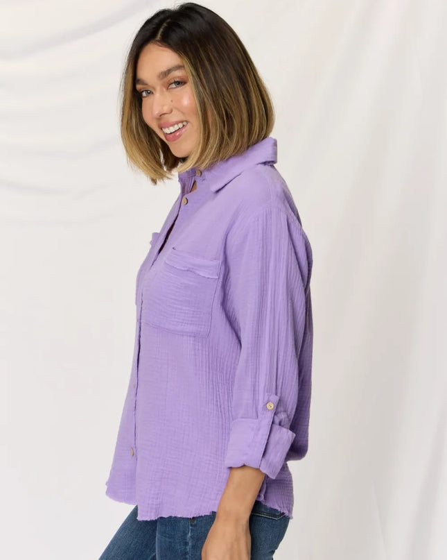 Zenana Texture Button Up Raw Hem Long Sleeve Shirt
