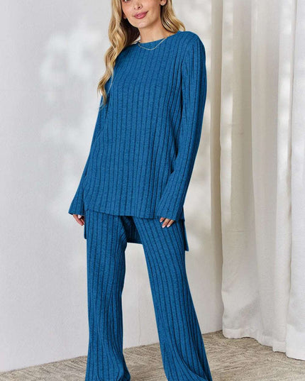 Basic Bae Full Size Ribbed High-Low Top and Wide Leg Pants Set Royal Blue