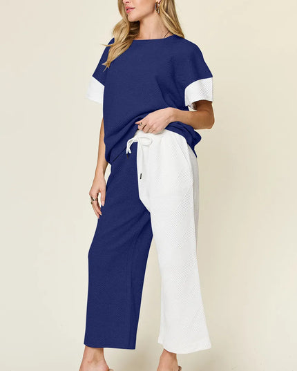 Double Take Full Size Texture Contrast T-Shirt and Wide Leg Pants Set