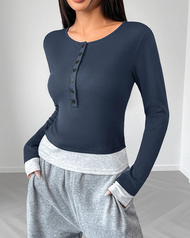 Long Sleeve Button Front Fitted T-Shirt