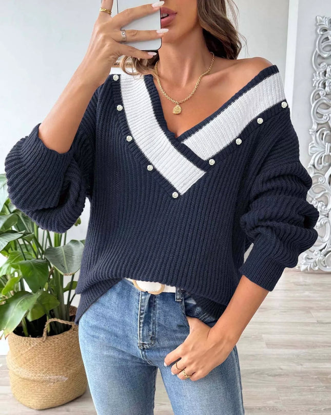 V-Neck Button-Decorated Sweater
