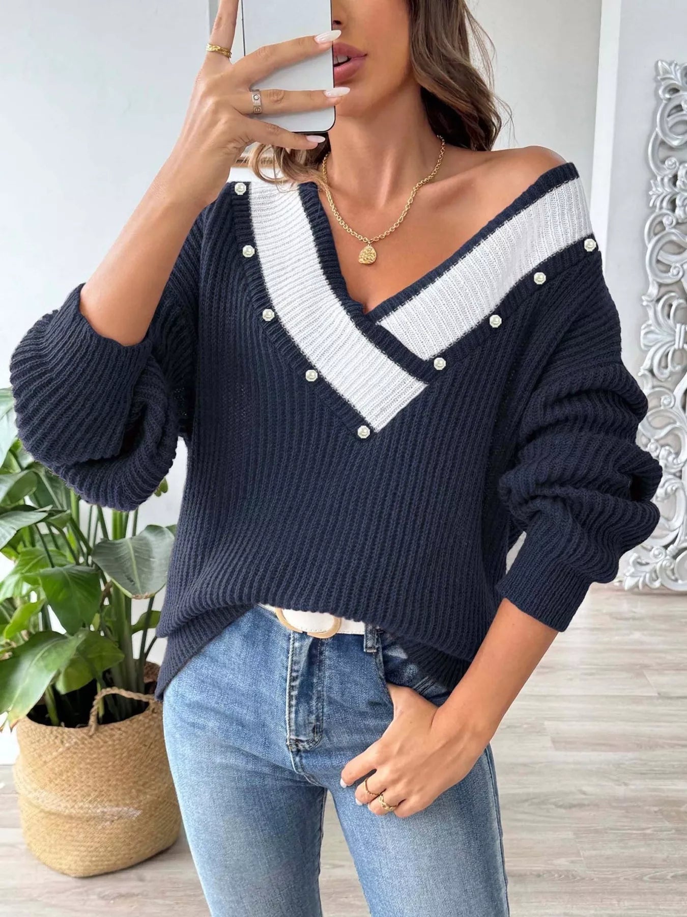 V-Neck Button-Decorated Sweater
