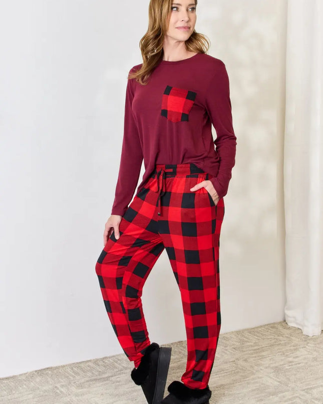 Zenana Full Size Plaid Round Neck Top and Pants Pajama Set