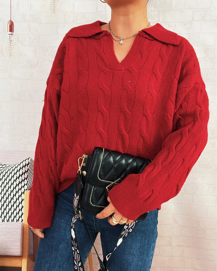 Cable Knit Johnny Collar Sweater Red One Size