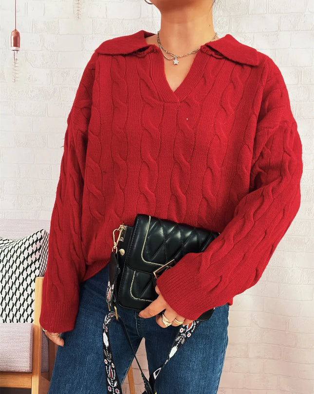 Cable Knit Johnny Collar Sweater Red One Size