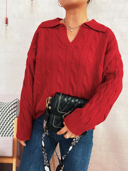 Cable Knit Johnny Collar Sweater Red One Size
