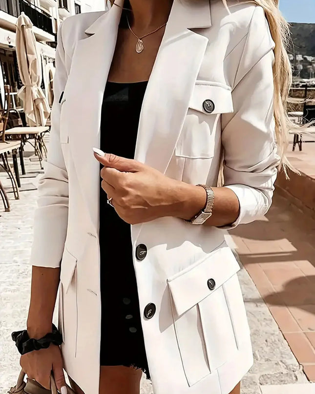 Lapel Collar Long Sleeve Blazer White