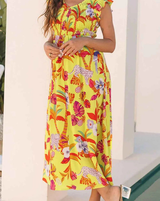 Cheetah Plant Print Shirred Button V Neck Maxi Dress