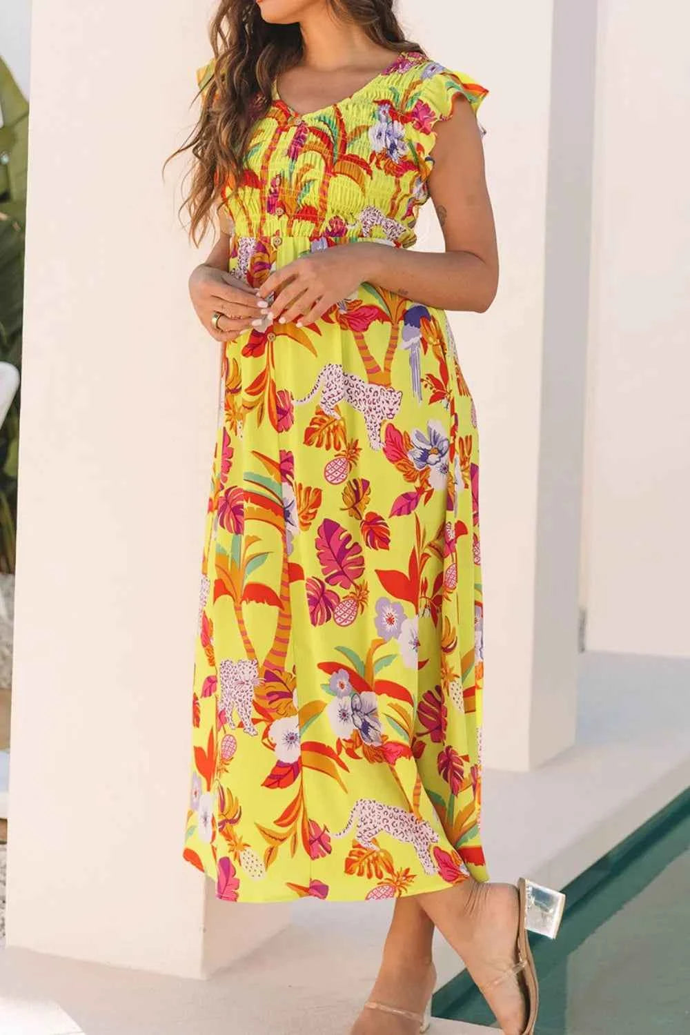 Cheetah Plant Print Shirred Button V Neck Maxi Dress