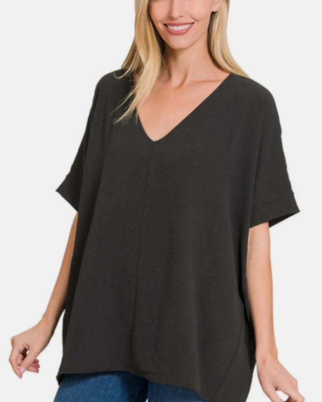 Zenana Full Size V-Neck Short Sleeve Top BLACK