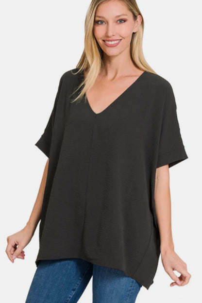 Zenana Full Size V-Neck Short Sleeve Top BLACK