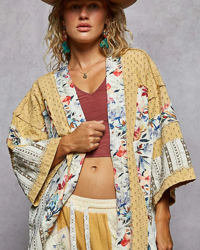 POL Raw Edge Open Front Patchwork Cardigan with Floral Trim