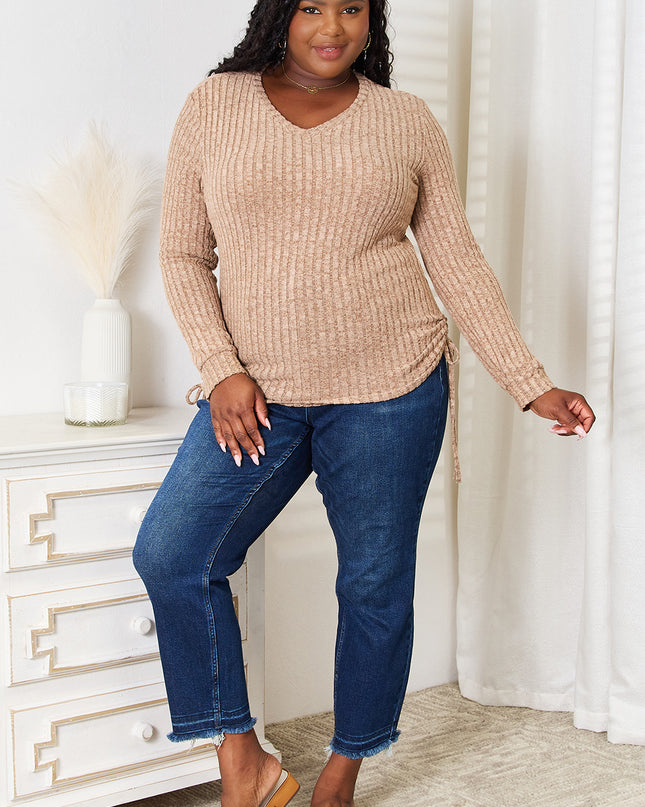 Double Take Drawstring Ribbed Long Sleeve T-Shirt