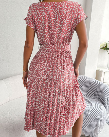 Ditsy Floral Pleated Belted Dress