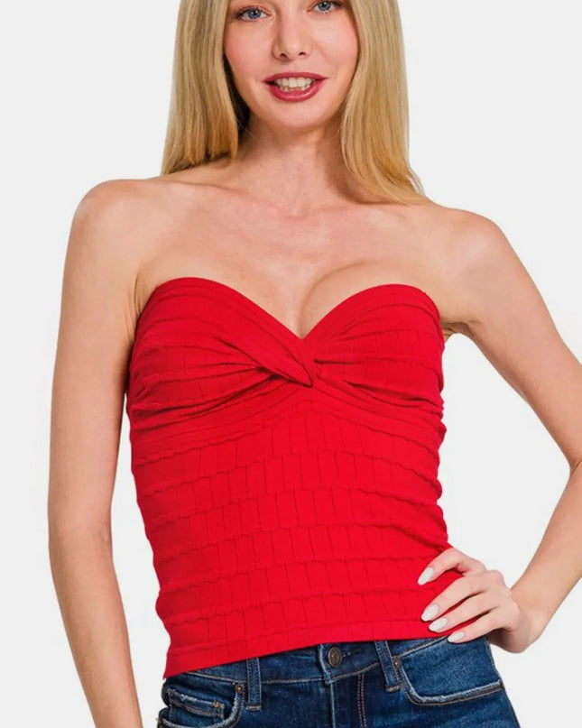 Zenana Ruched Twisted Sweetheart Neck Top Red