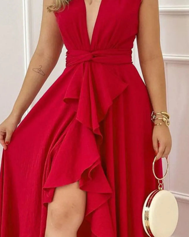 Ruffled Plunge Sleeveless Maxi Dress 