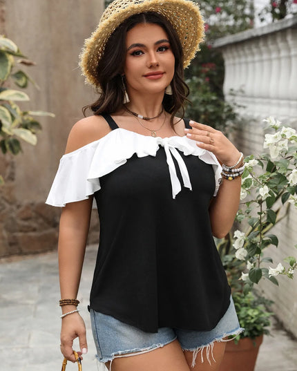 Plus Size Ruffled Contrast Short Sleeve Blouse