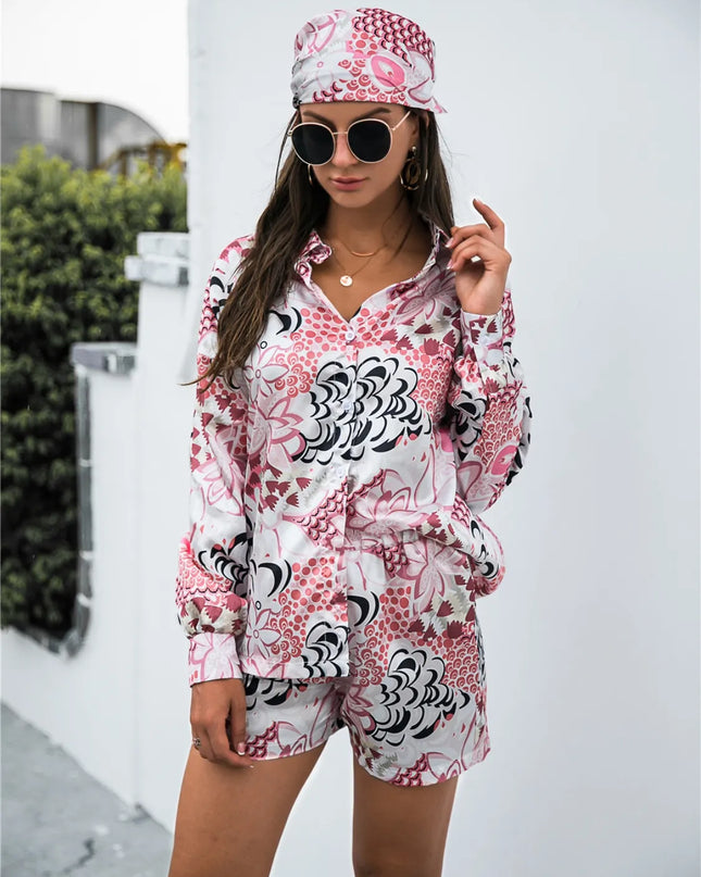 Printed Button Up Long Sleeve Shirt and Shorts Set