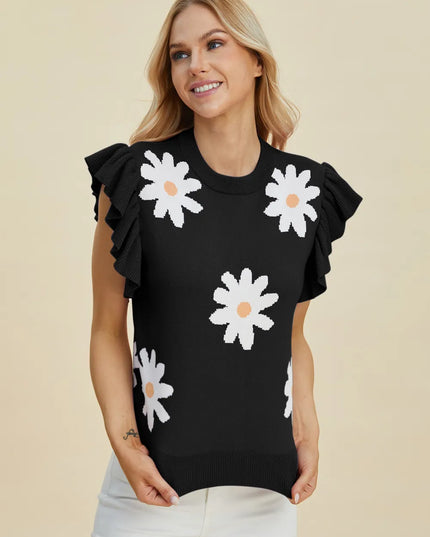 Double Take Full Size Ruffled Flower Round Neck Cap Sleeve Sweater Black