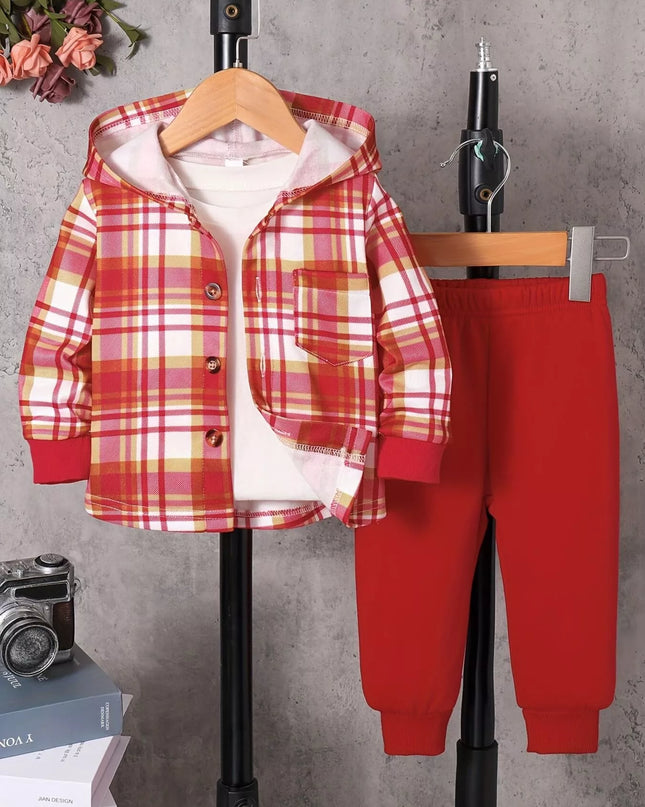 Children's Plaid Button Up Hooded Top & Pants Set Red