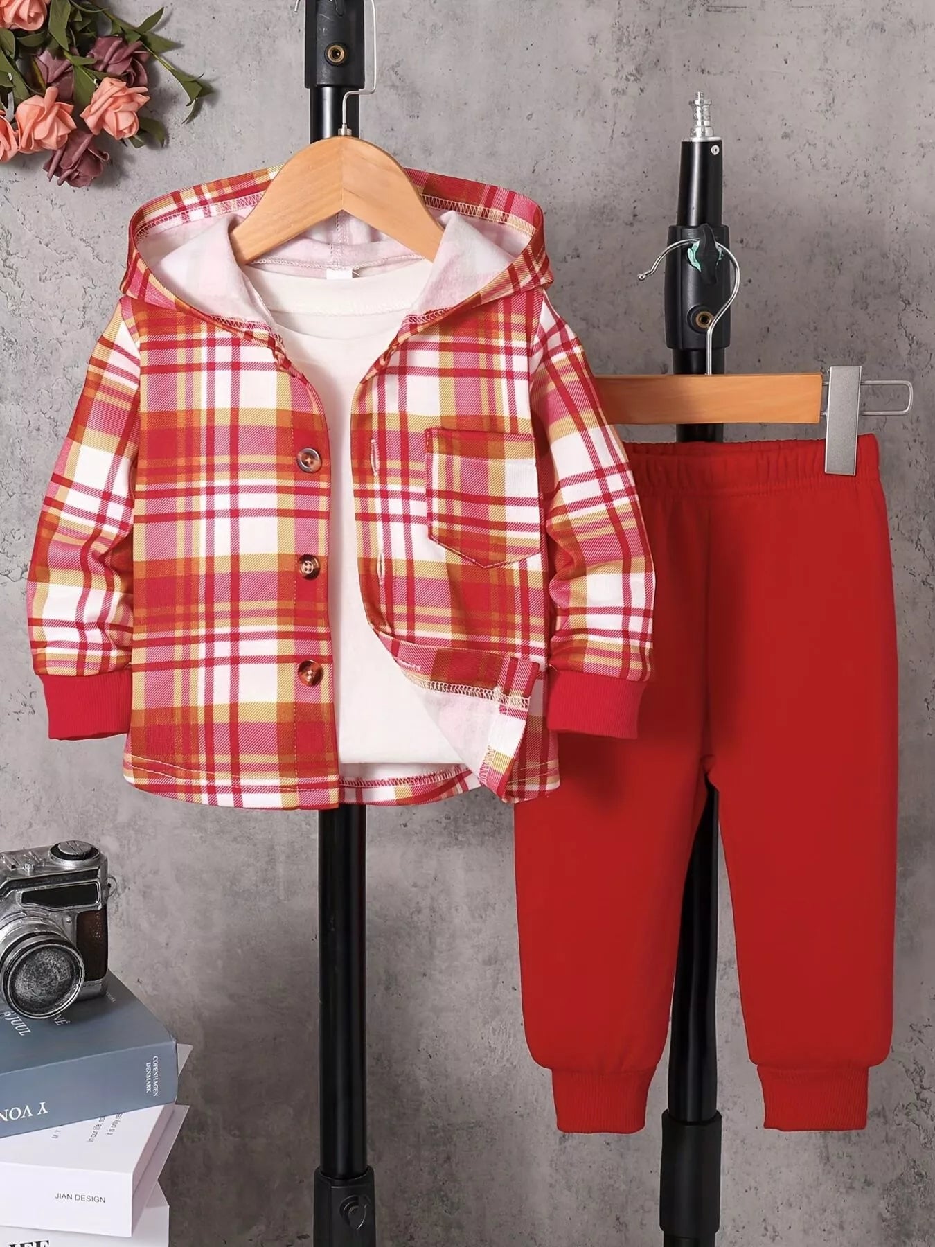 Children's Plaid Button Up Hooded Top & Pants Set Red