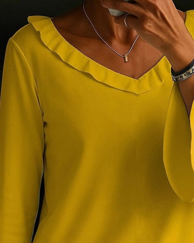 Full Size Ruffled V-Neck Bell Sleeve Top Plus Size
