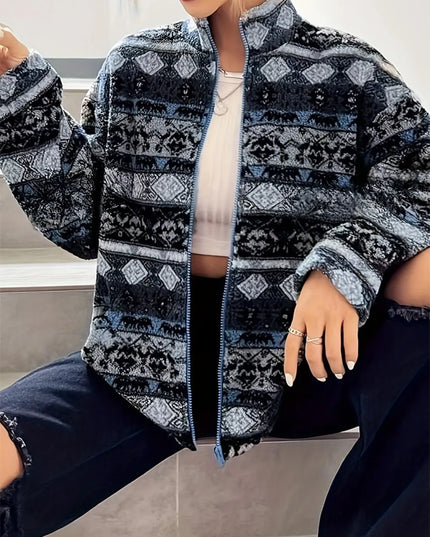 Geometric Turtleneck Zip Up Jacket