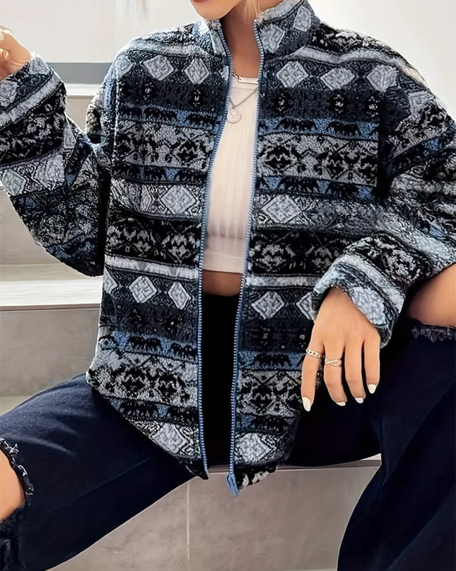 Geometric Turtleneck Zip Up Jacket