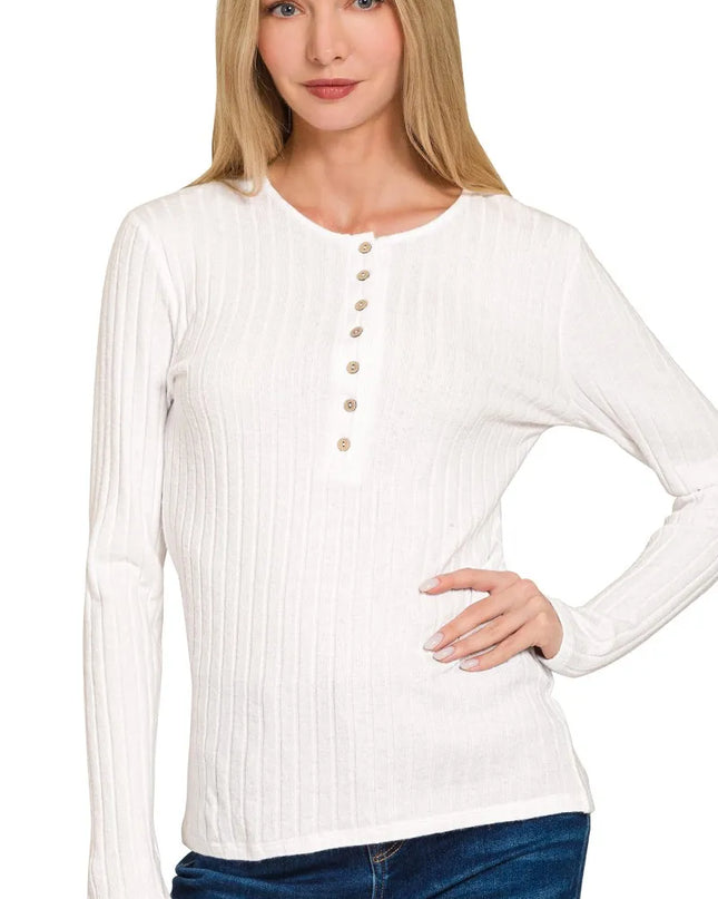 Zenana Ribbed Long Sleeve Half Button Top