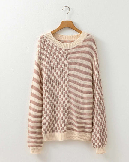 Stripe Checkerboard Drop Shoulder Balloon Sleeve Sweater