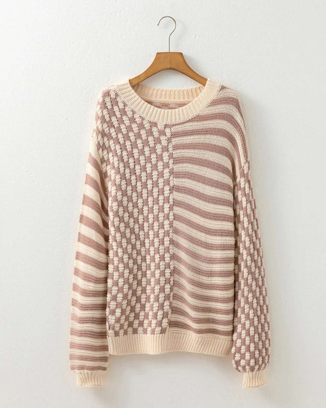 Stripe Checkerboard Drop Shoulder Balloon Sleeve Sweater