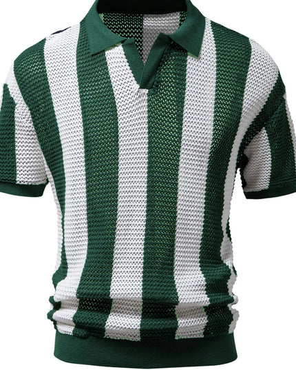 Men's Striped Short Sleeve Knit Polo Dark Green